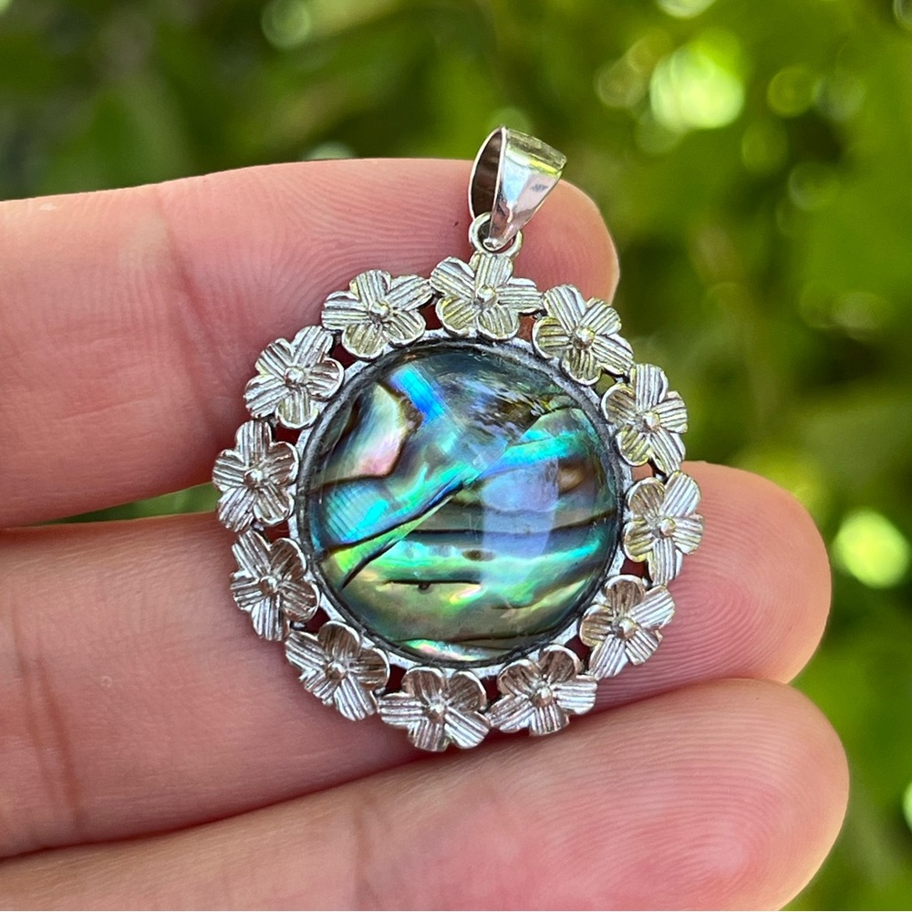 Sterling silver flashy‎ round floral abalone shell pendant 1254